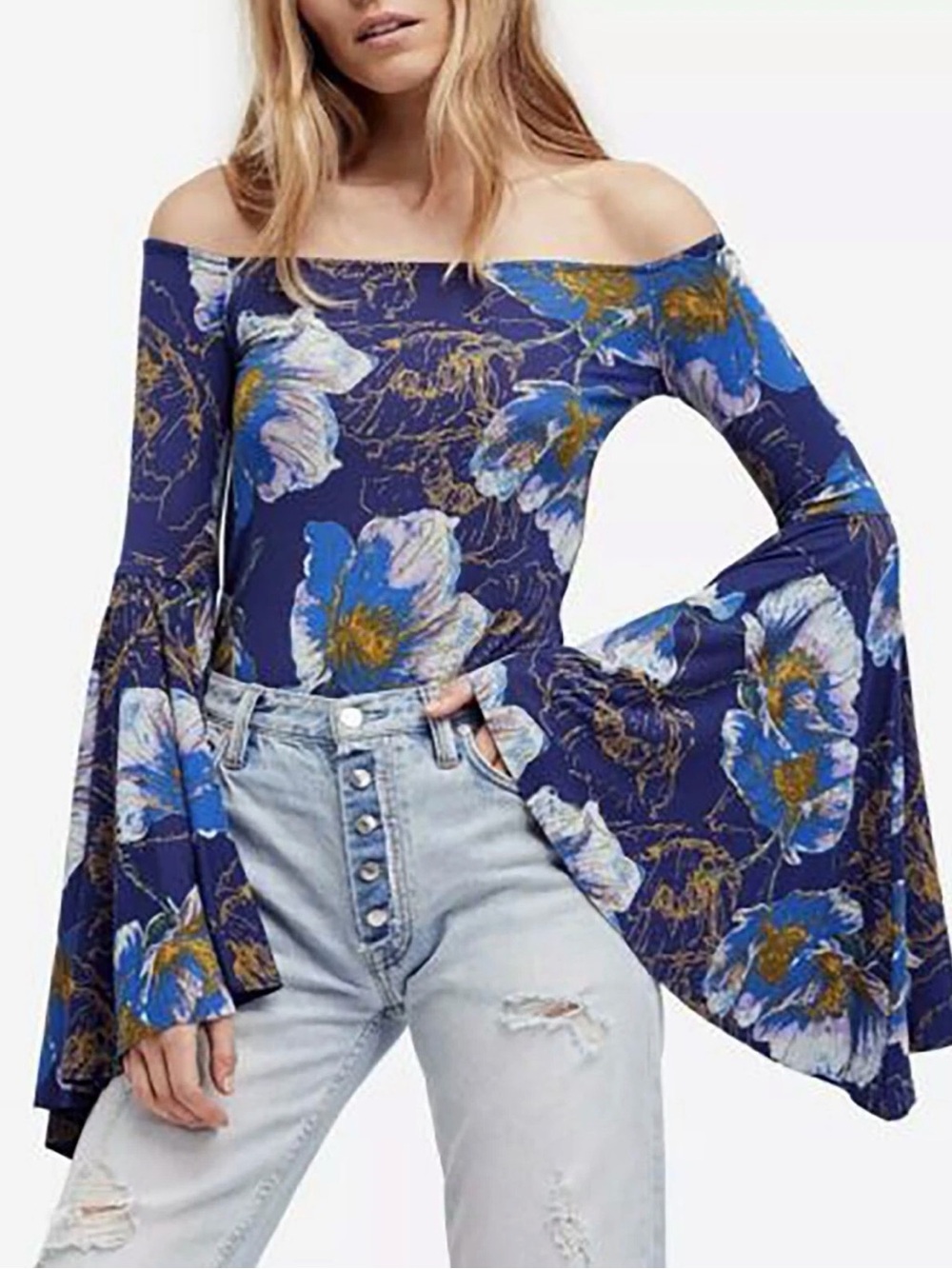 Free People We The Free Floral Bell Sleeve Top Size Medium